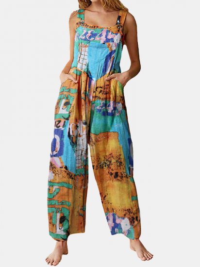 Pockets Multi-color Print Straps Jumpsuit For Women - Click Image to Close