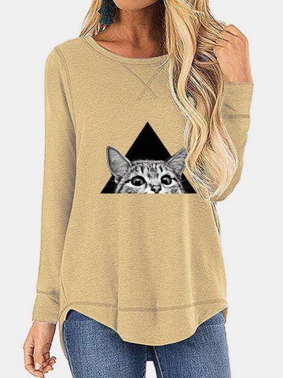 Cat Printed Casual O-neck Irregular T-Shirt For Women - Click Image to Close