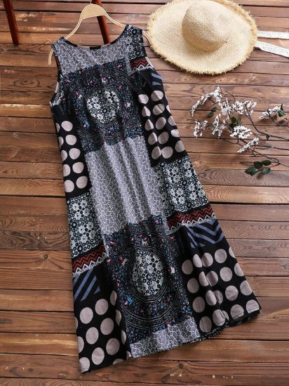 Ethnic Printed Sleeveless Vintage Women Dresses - Click Image to Close