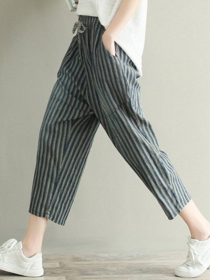 Casual Stripe Drawstring Waist Loose Women Pants - Click Image to Close