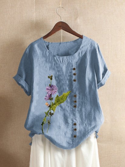 Floral Printed Short Sleeve O-Neck T-shirt For Women - Click Image to Close