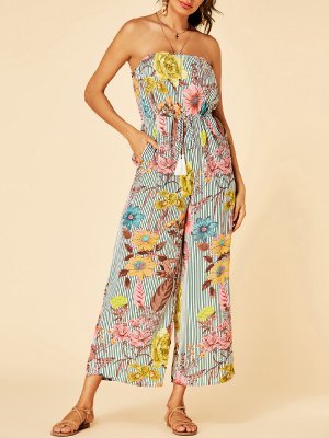 Striped Floral Print Off-shoulder Pocket Casual Jumpsuit for Women