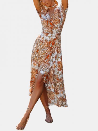 Bohemia Retro Floral Print V-neck Short Sleeves Dress - Click Image to Close