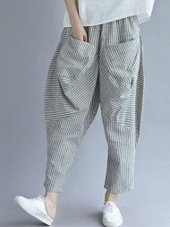 Elastic Waist Loose Stripe Casual Harem Pants With Pockets