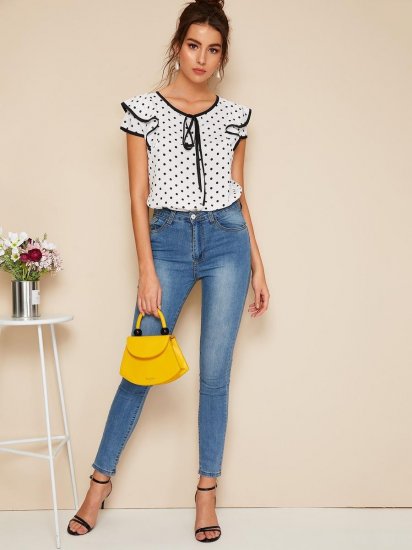 Polka Dot Piping Trim Blouse - Click Image to Close