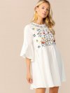 Embroidered Floral Flounce Sleeve Smock Dress