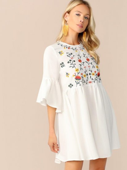 Embroidered Floral Flounce Sleeve Smock Dress - Click Image to Close