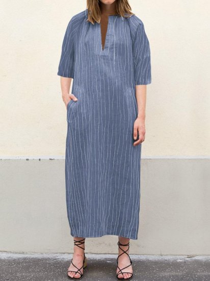 Vintage Striped V Neck Pockets Summer Maxi Dress - Click Image to Close