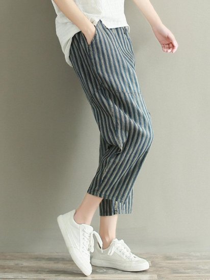 Casual Stripe Drawstring Waist Loose Women Pants - Click Image to Close