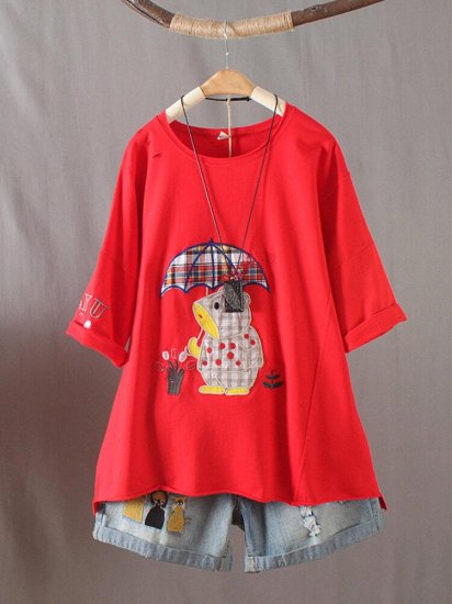 Cartoon Embroidery O-Neck Short Sleeve T-shirt For Women - Click Image to Close