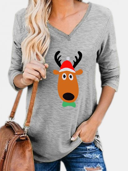 Christmas Cartoon Deer Print V-neck Long Sleeve Women T-Shirt - Click Image to Close