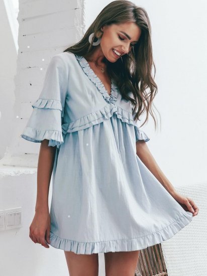 Simplee Frill Trim V Neck Cut-out Back Dress - Click Image to Close