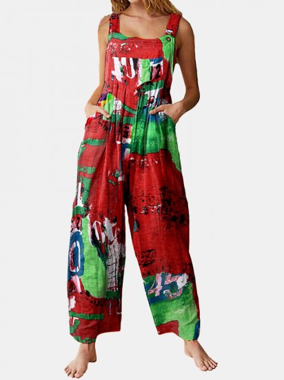 Pockets Multi-color Print Straps Jumpsuit For Women - Click Image to Close