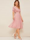 Ruffle Trim Puff Sleeve Shirred Waist Dress