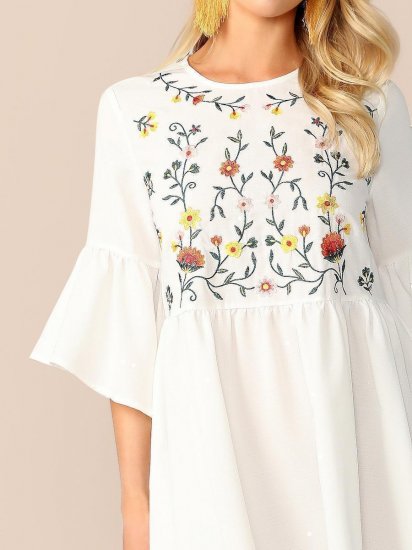 Embroidered Floral Flounce Sleeve Smock Dress - Click Image to Close