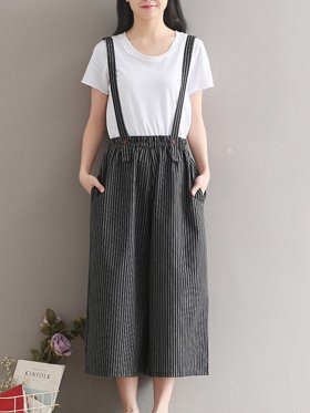 Casual Stripe Print Wide Leg Rompers For Women