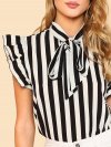 Tie Neck Ruffle Sleeve Striped Blouse