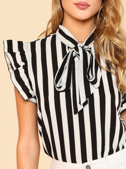 Tie Neck Ruffle Sleeve Striped Blouse - Click Image to Close