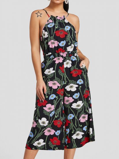 Floral Print Halter Pocket Long Casual Strap Jumpsuit for Women - Click Image to Close