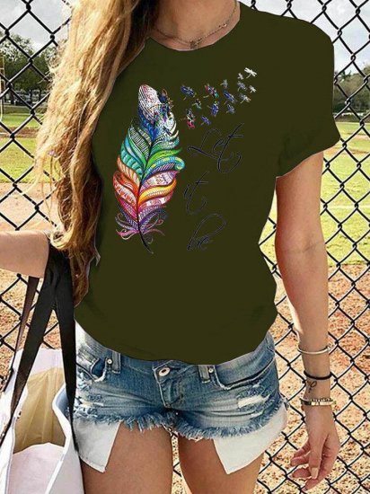 Feather Dragonfly Print Short Sleeve Casual T-shirt For Women - Click Image to Close