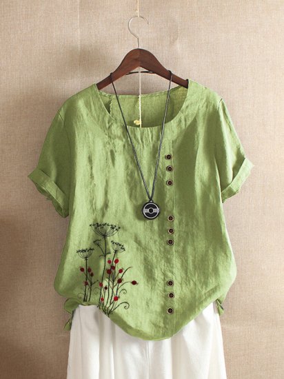 Vintage Floral Embroidery Short Sleeve T-shirt - Click Image to Close