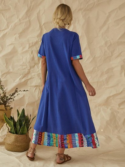 Vintage Patchwork Notch Neck Short Sleeve Button Maxi Dress - Click Image to Close