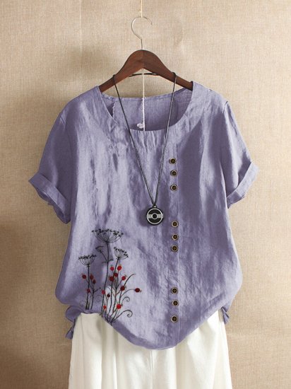 Vintage Floral Embroidery Short Sleeve T-shirt - Click Image to Close