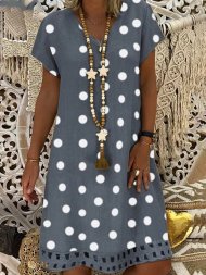 Bohemian Polka Dot Printed V-neck Short Sleeve Midi Dress