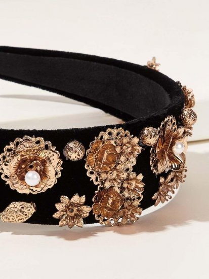 Faux Pearl & Metallic Flower Decor Headband - Click Image to Close