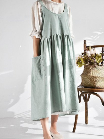 Vintage Solid Color Side Pocket Spaghetti Strap Cotton Dress - Click Image to Close