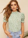 Ditsy Floral Frill Neck Puff Sleeve Top