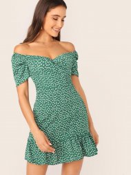 Off Shoulder Wrap Front Ruffle Hem Ditsy Floral Dress