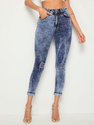 Ripped Cuffed Hem Flakes Skinny Jeans