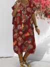 Casual Floral Print V-neck Short Sleeve Loose Midi Cotton Dress