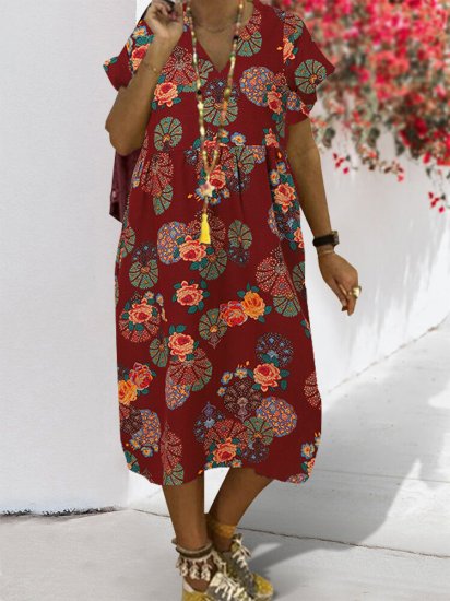 Casual Floral Print V-neck Short Sleeve Loose Midi Cotton Dress - Click Image to Close