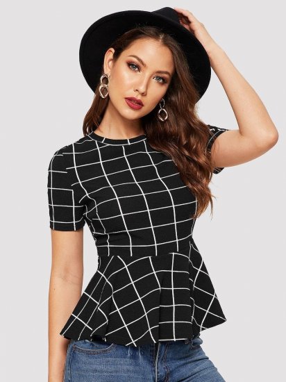 Grid Print Peplum Hem Blouse - Click Image to Close