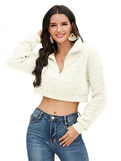 Solid Color Zipper Turn Down Collar Long Sleeves Casual Tops - Click Image to Close