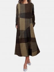 Plaid Print Pockets O-neck Long Sleeve Casual Dress