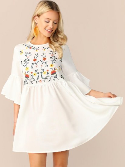 Embroidered Floral Flounce Sleeve Smock Dress - Click Image to Close