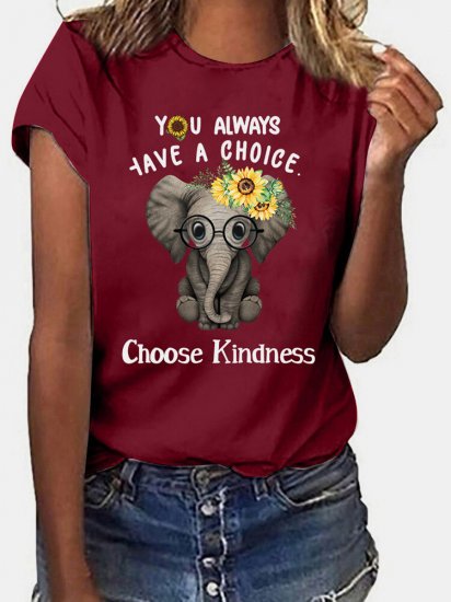 Cartoon Elephant Letter Print Short Sleeve T-shirt For Women - Click Image to Close