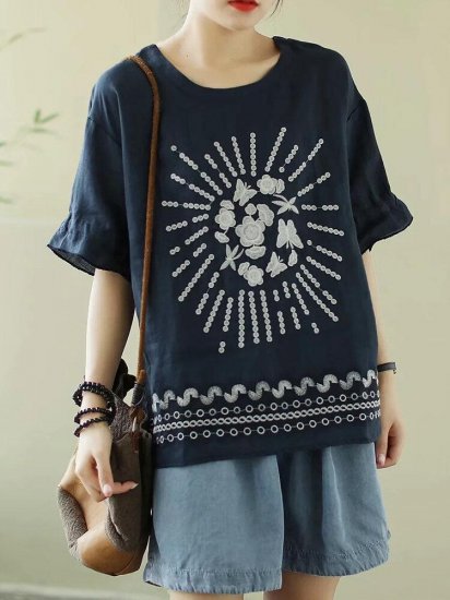 Flower Embroidery Half Sleeve Loose T-shirt For Women - Click Image to Close