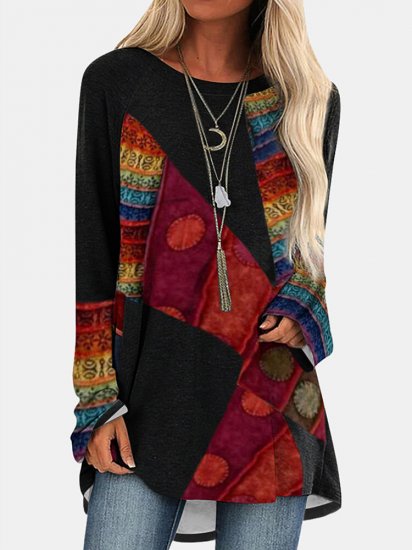 Vintage Print Long Sleeves O-neck Casual T-shirt For Women - Click Image to Close