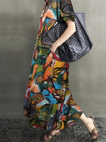 Vintage Printed V-neck Pockets Short Sleeve Casual Dress - Click Image to Close