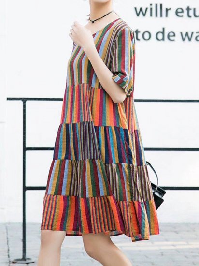 Stripe Multi-color Short Sleeve O-neck Casual Dresses - Click Image to Close