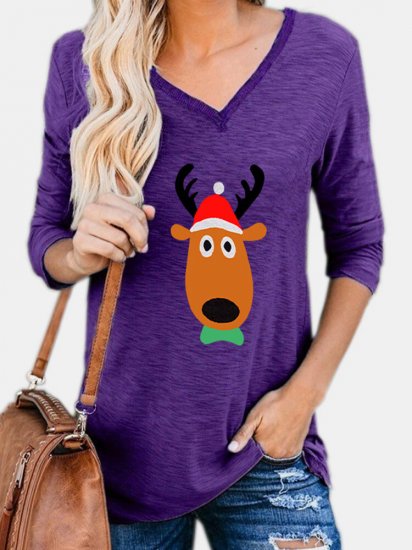 Christmas Cartoon Deer Print V-neck Long Sleeve Women T-Shirt - Click Image to Close