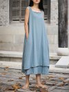 Sleeveless Pure Color Drawstring Layered Vintage Dresses