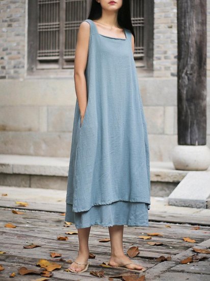 Sleeveless Pure Color Drawstring Layered Vintage Dresses - Click Image to Close