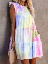 Tie-dye Sleeveless O-neck Ruffled Midi Dress