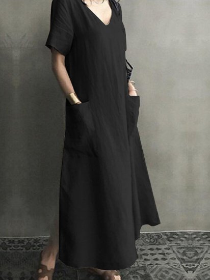 Vintage Short Sleeve V Neck Pockets Dress - Click Image to Close