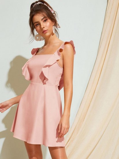 Square Neck Ruffle Trim Tie Back Swing Dress - Click Image to Close